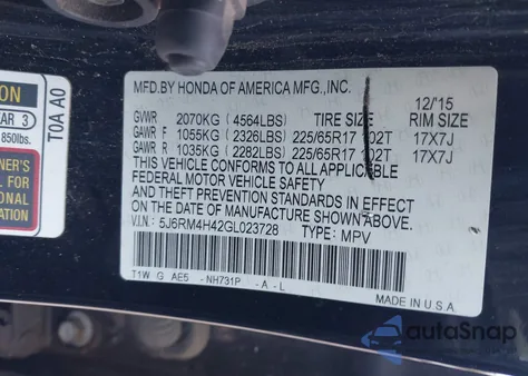 2016 Honda Cr-V Se из США, поврежденный, VIN 5J6RM4H42GL023728